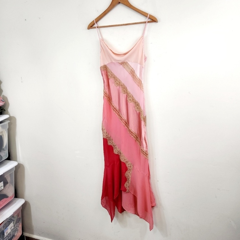 Vintage 90’s Y2K 100% Silk Slip Dress Cowl Boho Sheer Lace Backless Belladonna - Picture 16 of 16